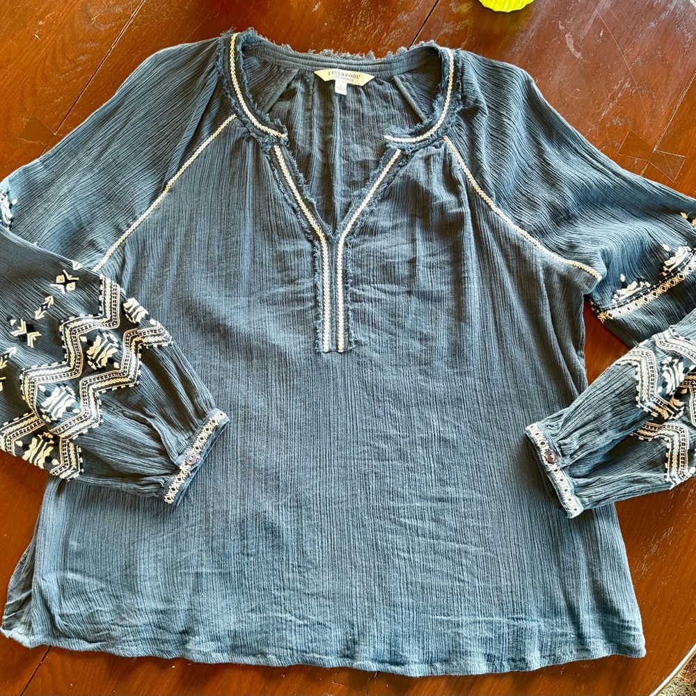 Liverpool embroidered Peasant top- navy